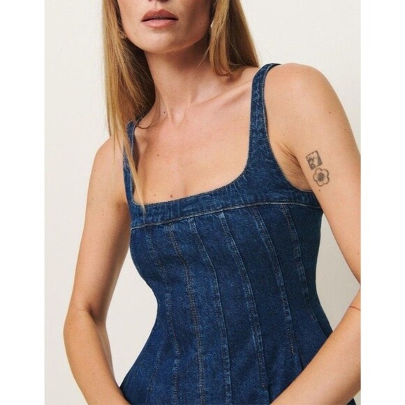 Reformation Violet Denim Mini Dress Corset Square Neck Western Women’s Size 2 - Picture 3 of 11